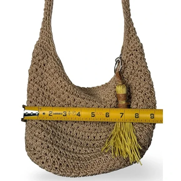 The Sak Crochet Hobo Bag Tan Neutral Boho Shoulder Bag with Yellow Tassel - Picture 5 of 8